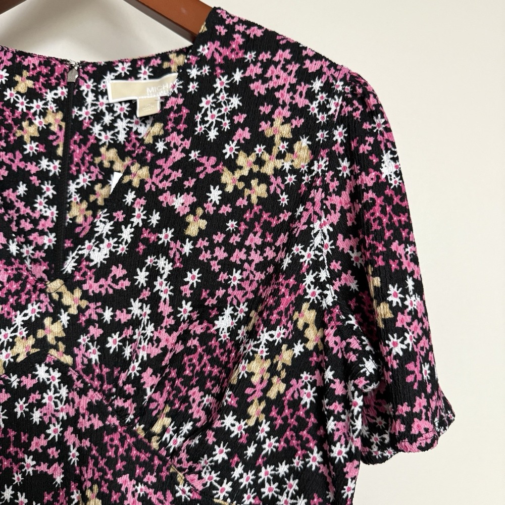 NWT Michael Kors Dress XL Black Pink Floral Short Sleeve V-Neck Stretch Sheath